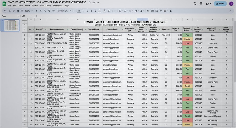 A spreadsheet of owner and assessment records