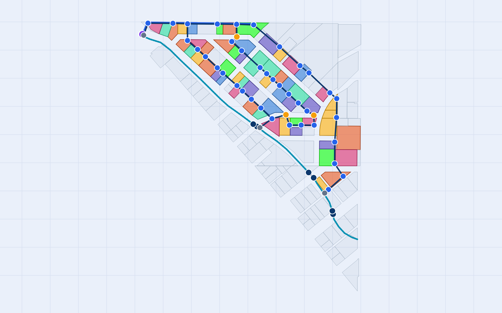 Real map data from the Sagebrush Canal Company demo — parcels colored by watering day alongside the pipe, force main, and canal network