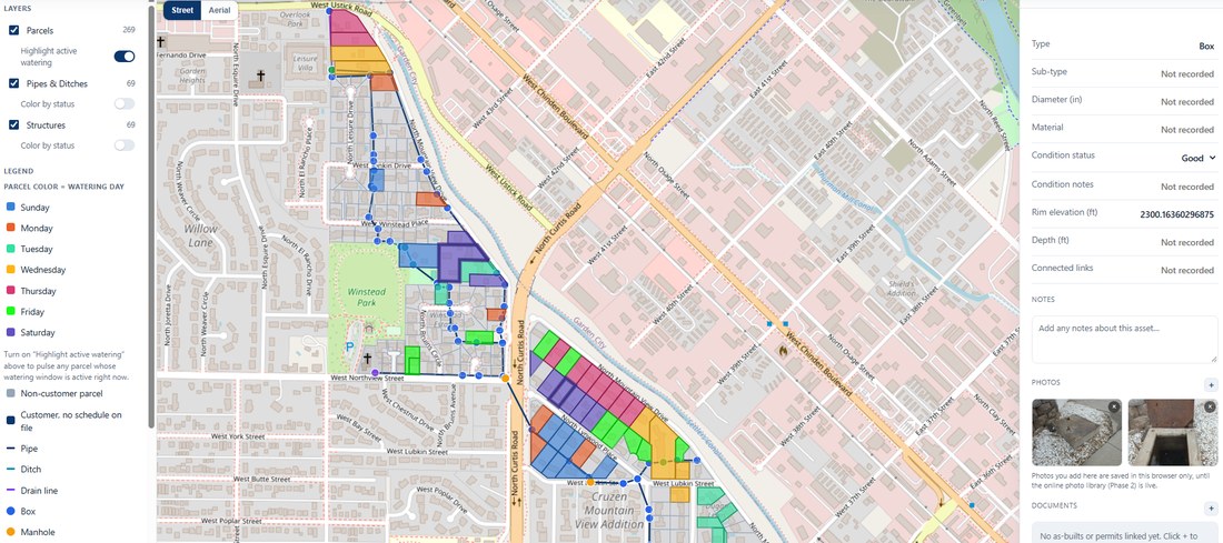 The FAM web viewer showing an irrigation network's parcels colored by watering day, with a structure's condition, notes, and photos open in the detail panel